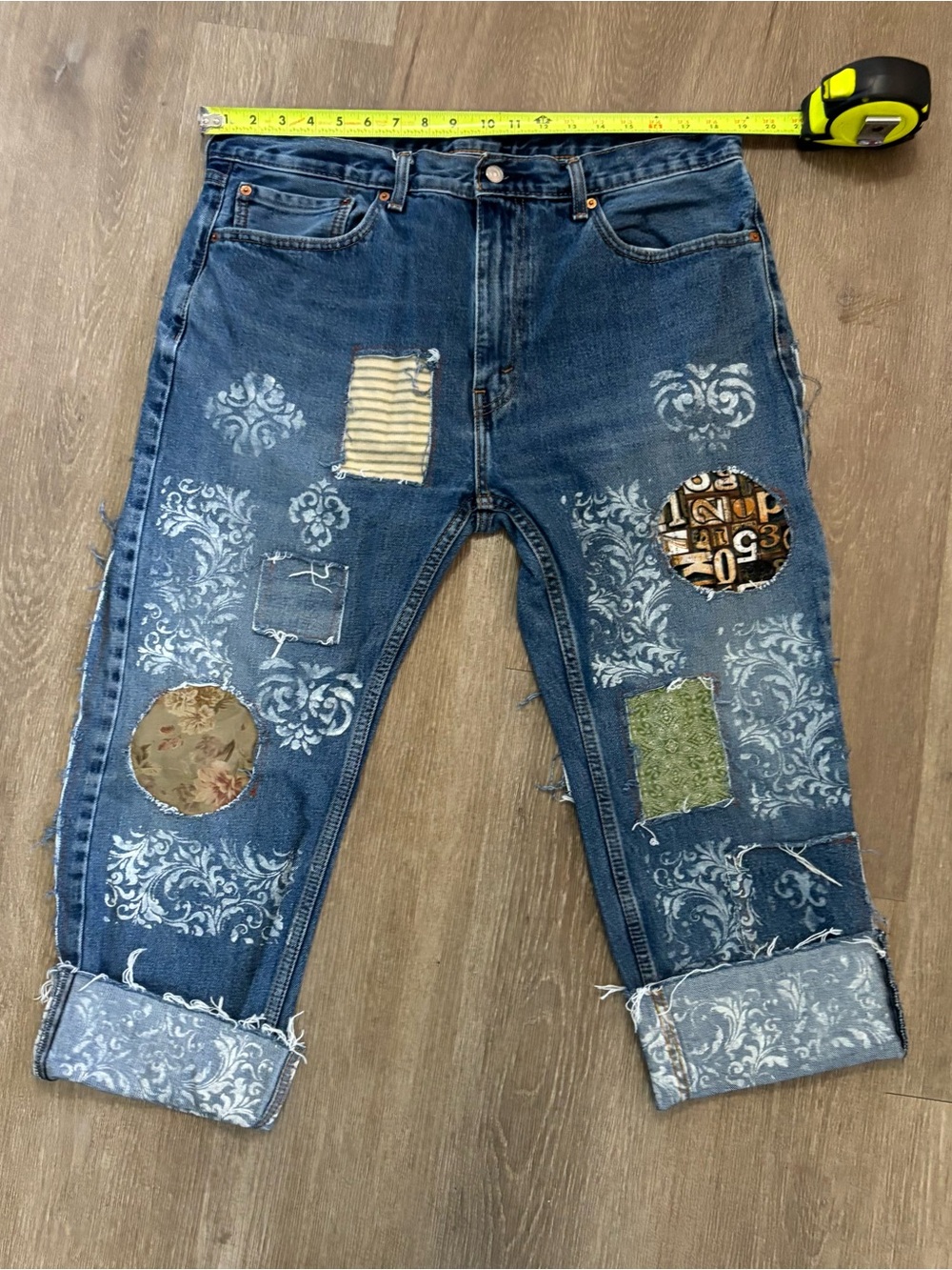 Levi's Blue Distressed Upcycled patchwork Cropped Jeans Mixed Fabric Patches